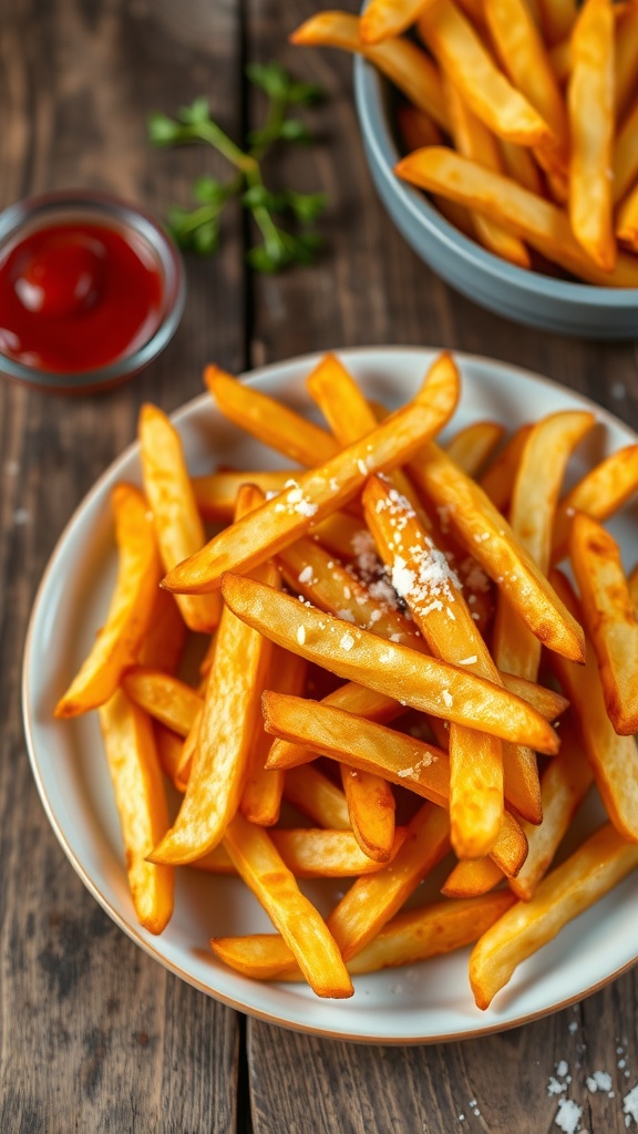 A close-up of crispy beef tallow fries garnished with salt on a rustic table with ketchup.